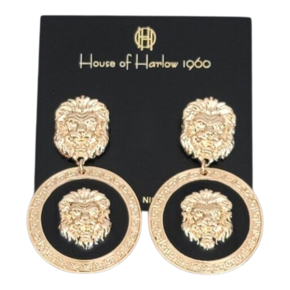 New House of Harlow 1960 Lion Head Black Gold Dangle Earrings Medusa Retro Regal